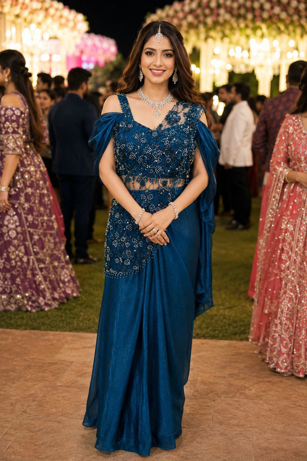 Teal Real Premium Fandy Satin Party Wear Saree With Blouse - Front View | Samyak Fashion