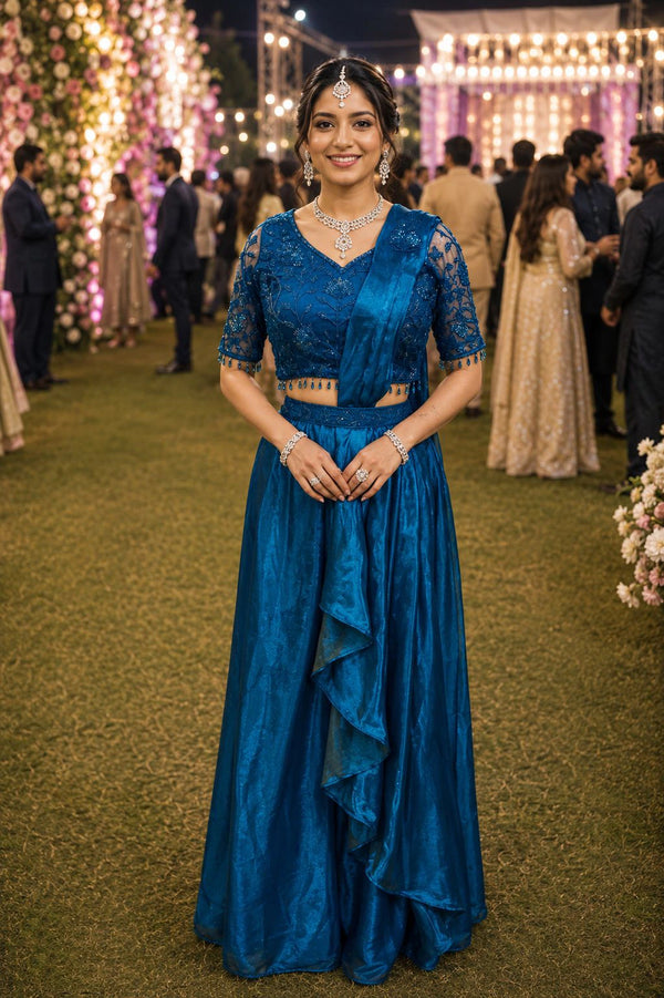 Teal Real Premium Fandy Satin Party Wear Saree With Blouse - Front View | Samyak Fashion