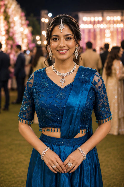 Teal Real Premium Fandy Satin Party Wear Saree With Blouse - Back View | Samyak Fashion