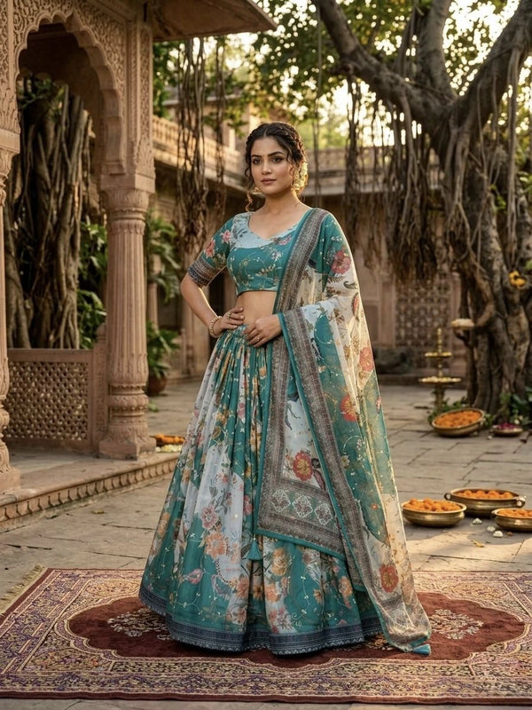 Teal Tabby Silk Lehenga Choli - Front View | Samyak Fashion