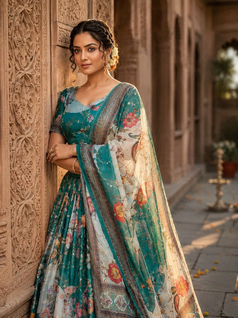 Teal Tabby Silk Lehenga Choli - Side View | Samyak Fashion