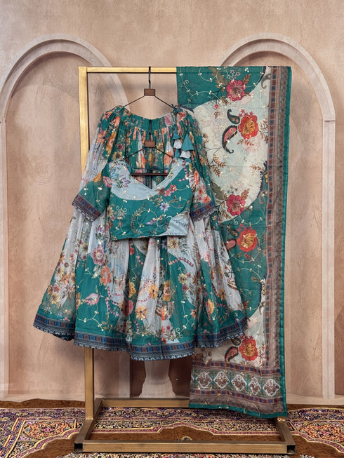Teal Tabby Silk Lehenga Choli - Close-up View | Samyak Fashion