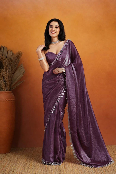 Voilet Organza Saree With Blouse - Front View | Samyak Fashion