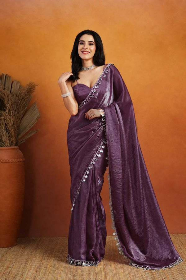 Voilet Organza Saree With Blouse - Front View | Samyak Fashion