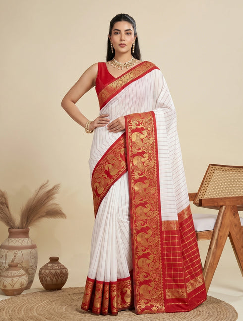 White Banarasi Soft Silk Elegant Party Wear Saree Collection With Blouse - Front View | Samyak Fashion