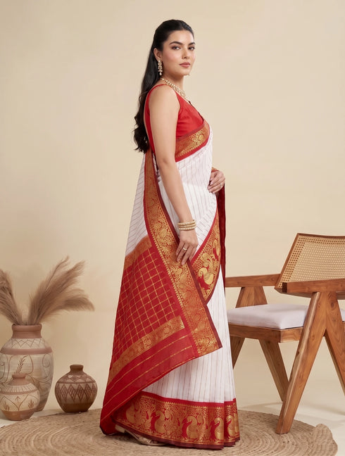White Banarasi Soft Silk Elegant Party Wear Saree Collection With Blouse - Back View | Samyak Fashion