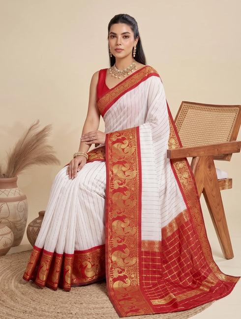 White Banarasi Soft Silk Elegant Party Wear Saree Collection With Blouse - Side View | Samyak Fashion