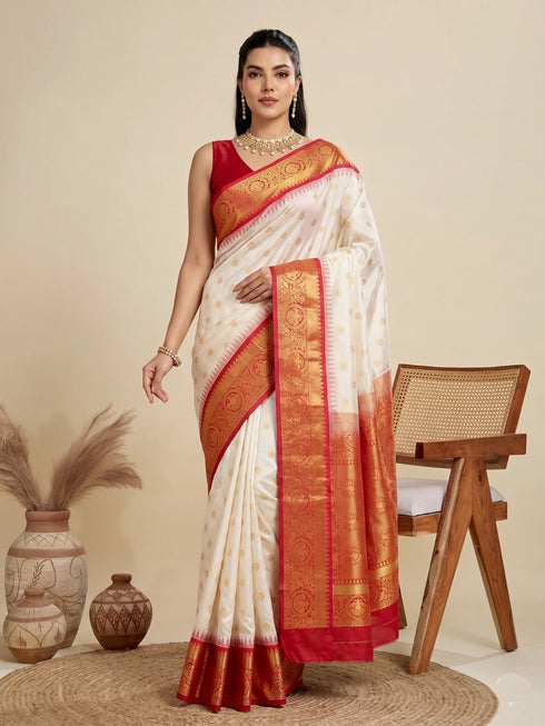 White Banarasi Soft Silk Party Wear Saree With Blouse - Front View | Samyak Fashion