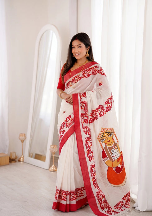 White Banarasi Soft Silk Party Wear Saree With Blouse - Front View | Samyak Fashion