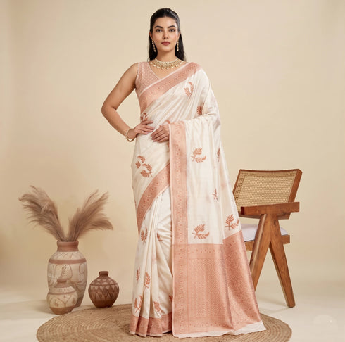 White Banarasi Soft Silk Party Wear Saree With Blouse - Front View | Samyak Fashion