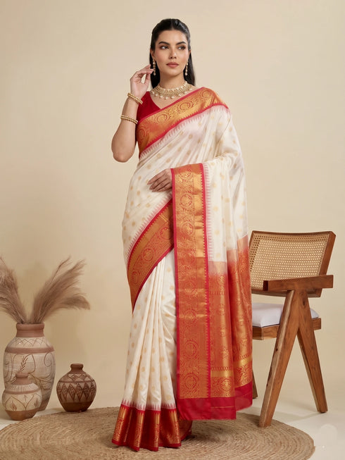 White Banarasi Soft Silk Party Wear Saree With Blouse - Back View | Samyak Fashion