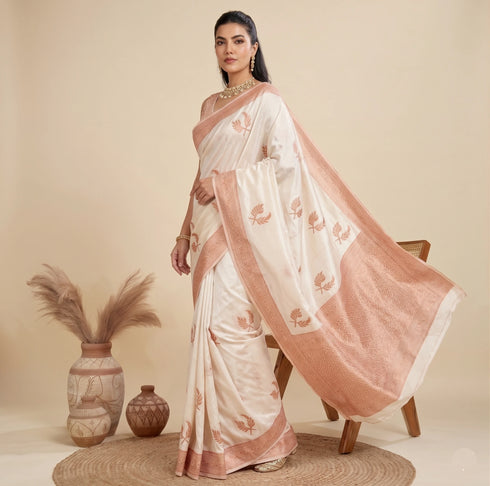 White Banarasi Soft Silk Party Wear Saree With Blouse - Back View | Samyak Fashion