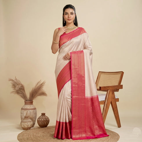 White Banarasi Soft Silk Party Wear Saree With Blouse - Back View | Samyak Fashion