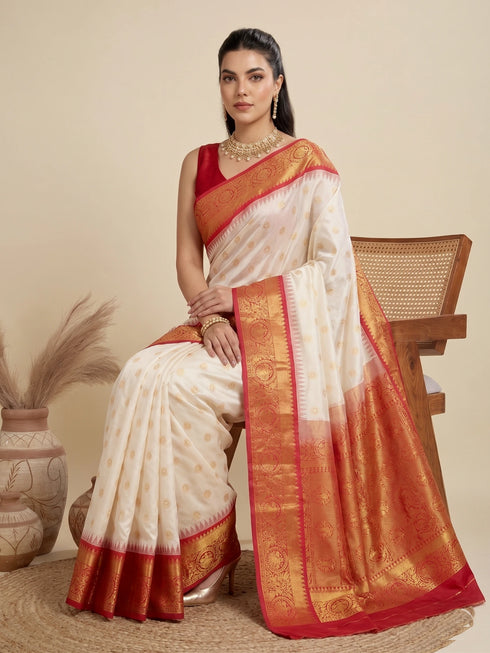 White Banarasi Soft Silk Party Wear Saree With Blouse - Side View | Samyak Fashion