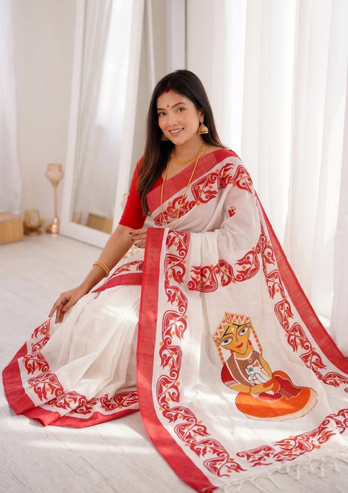 White Banarasi Soft Silk Party Wear Saree With Blouse - Side View | Samyak Fashion