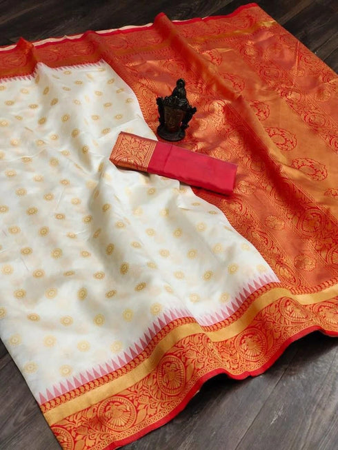 White Banarasi Soft Silk Party Wear Saree With Blouse - Detail View | Samyak Fashion