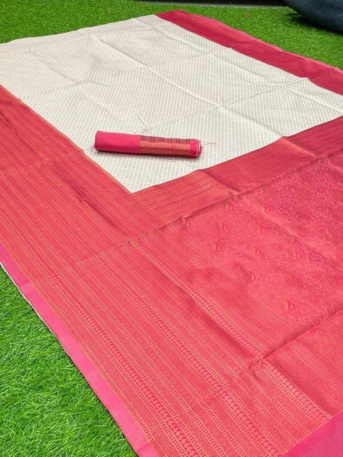 White Banarasi Soft Silk Party Wear Saree With Blouse - Detail View | Samyak Fashion