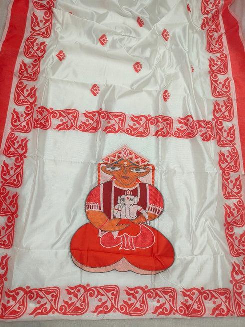 White Banarasi Soft Silk Party Wear Saree With Blouse - Detail View | Samyak Fashion