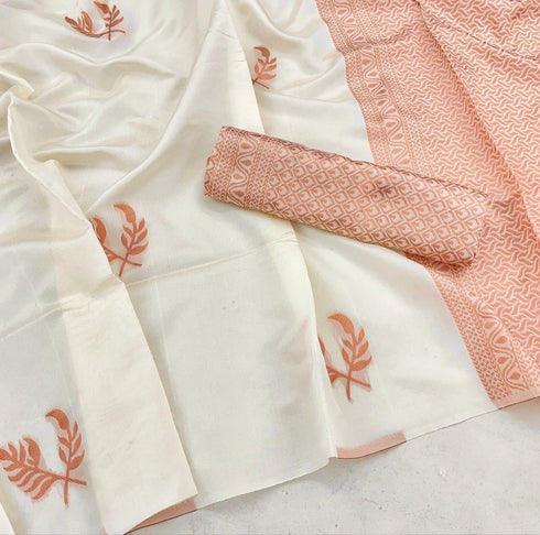 White Banarasi Soft Silk Party Wear Saree With Blouse - Detail View | Samyak Fashion