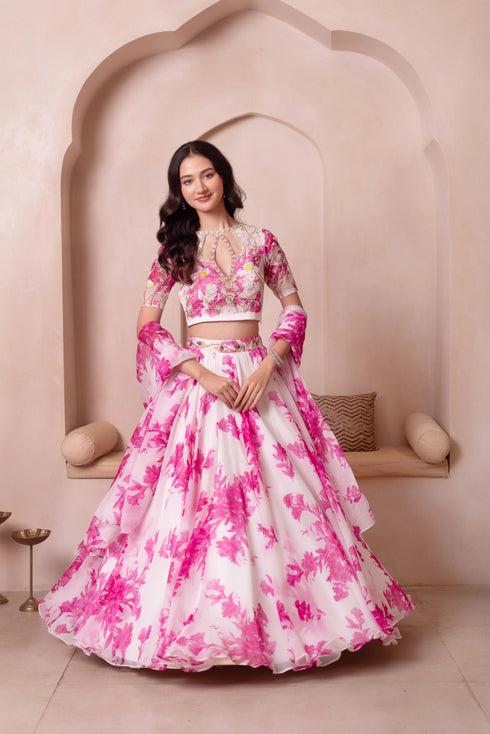 White Chiffon Arty Lehenga Choli - Back View | Samyak Fashion
