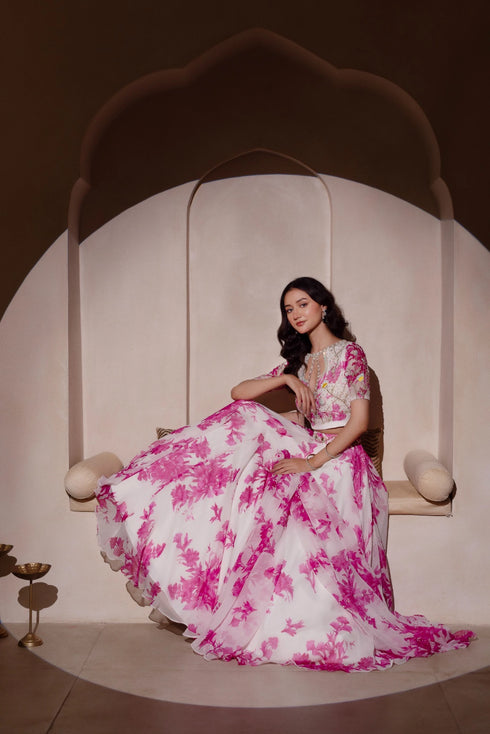 White Chiffon Arty Lehenga Choli - Detail View | Samyak Fashion