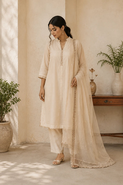 White Cotton Salwar Suit - Front View | Samyak Fashion
