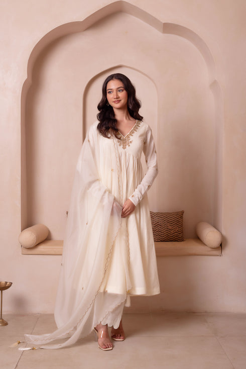 White Cotton Salwar Suit - Front View | Samyak Fashion