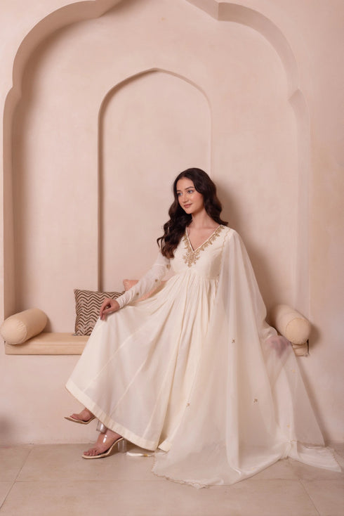 White Cotton Salwar Suit - Detail View | Samyak Fashion