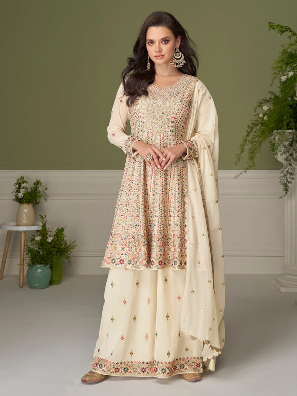 White Georgette Salwar Suit - Front View | Samyak Fashion
