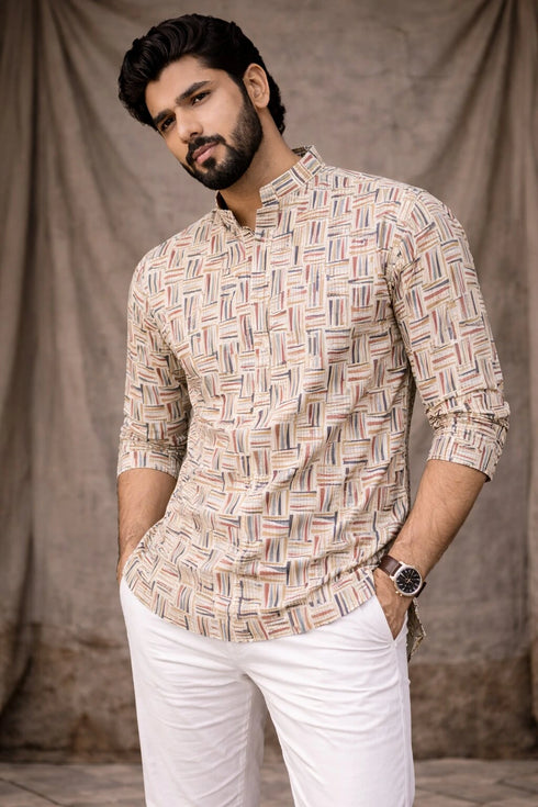White Linen Mens Short Kurta - Front View | Samyak Fashion