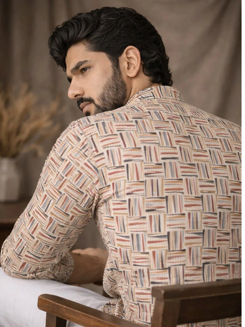 White Linen Mens Short Kurta - Back View | Samyak Fashion