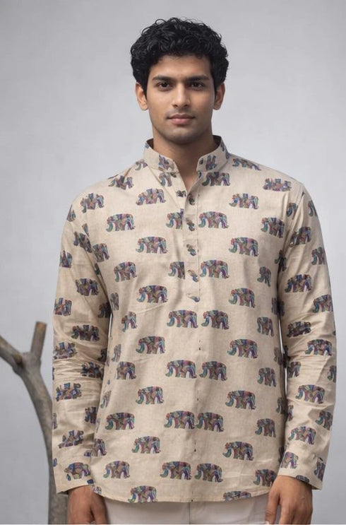 White Linen Mens Short Kurta - Front View | Samyak Fashion