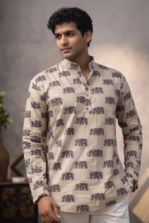 White Linen Mens Short Kurta - Detail View | Samyak Fashion
