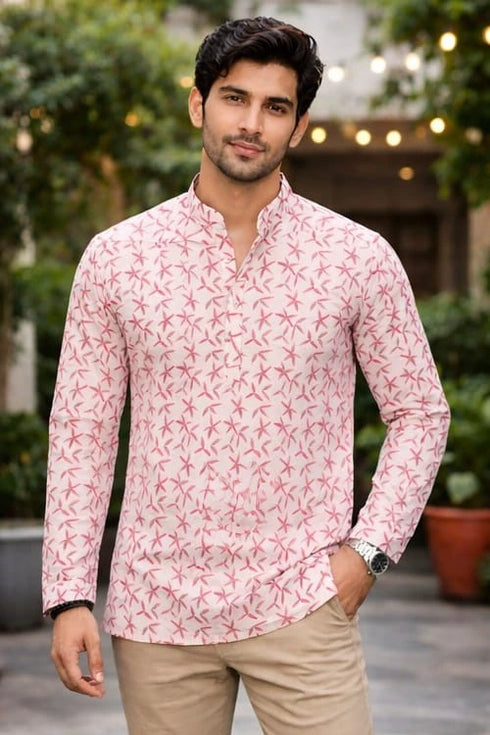 White Linen Mens Short Kurta - Front View | Samyak Fashion
