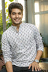 White Linen Mens Short Kurta - Front View | Samyak Fashion