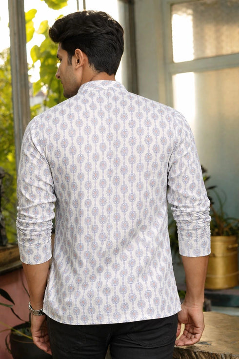 White Linen Mens Short Kurta - Back View | Samyak Fashion