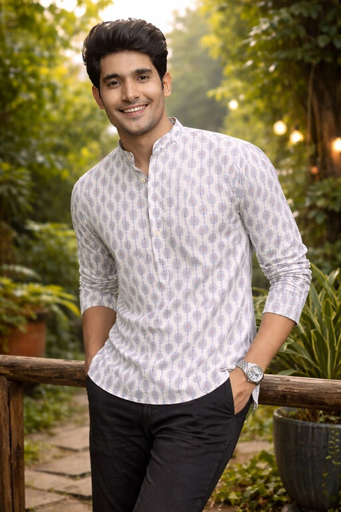 White Linen Mens Short Kurta - Detail View | Samyak Fashion