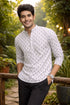 White Linen Mens Short Kurta - Detail View | Samyak Fashion