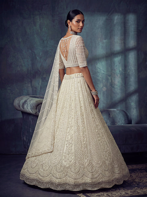 White Net Lehenga Choli - Back View | Samyak Fashion