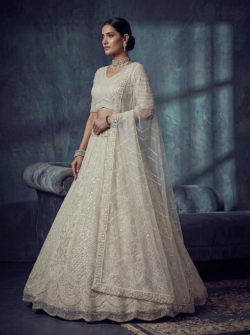 White Net Lehenga Choli - Detail View | Samyak Fashion