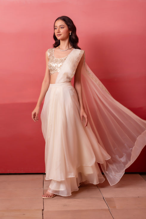 White Organza Elegant Party Wear Ready To Wear Saree Collection With Blouse - Front View | Samyak Fashion