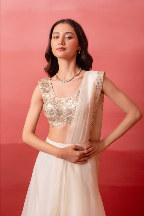White Organza Elegant Party Wear Ready To Wear Saree Collection With Blouse - Side View | Samyak Fashion