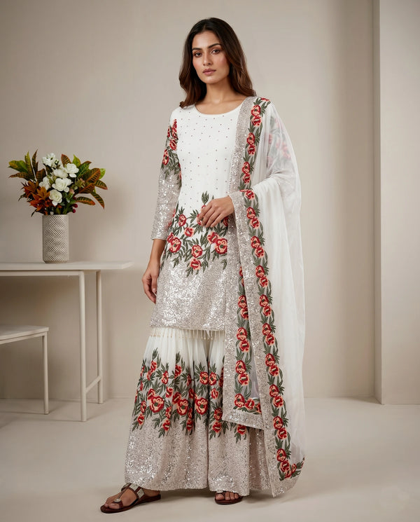 White Pure Fendy Silk Elegant Salwar Suit - Front View | Samyak Fashion
