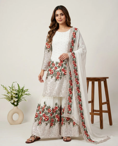 White Pure Fendy Silk Elegant Salwar Suit - Back View | Samyak Fashion