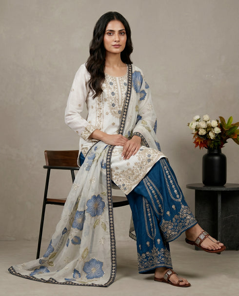 White Pure Gmy Silk Elegant Salwar Suit - Back View | Samyak Fashion