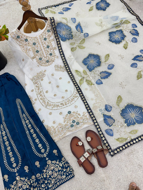 White Pure Gmy Silk Elegant Salwar Suit - Detail View | Samyak Fashion