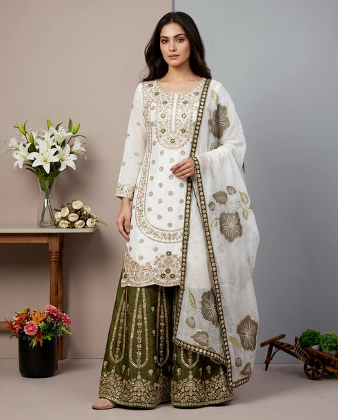 White Pure Gmy Silk Elegant Salwar Suit - Front View | Samyak Fashion