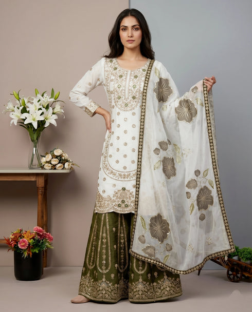 White Pure Gmy Silk Elegant Salwar Suit - Back View | Samyak Fashion