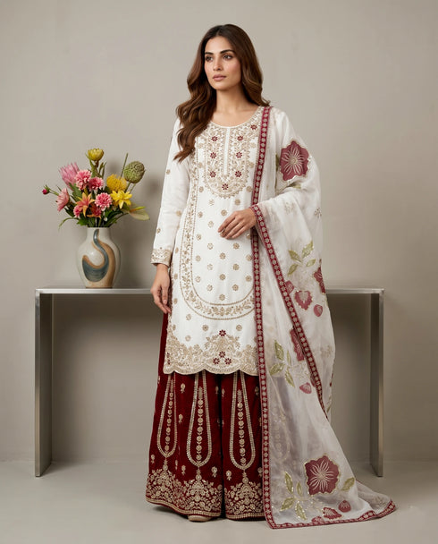 White Pure Gmy Silk Elegant Salwar Suit - Front View | Samyak Fashion