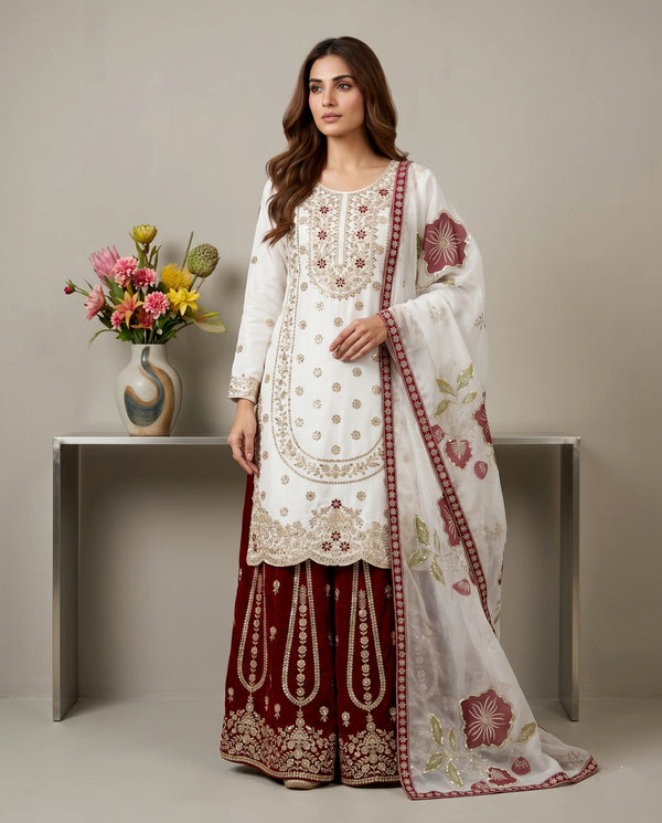 White Pure Gmy Silk Elegant Salwar Suit - Front View | Samyak Fashion